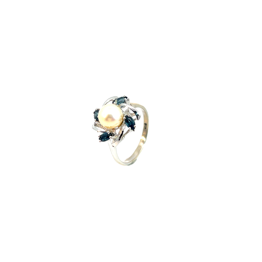 Ring Weißgold 750 / 18 mit Perle & Saphir Gr. 56 Nr. 6324