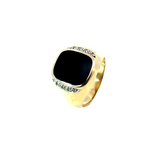 Ring Gelbgold 585 / 14 Karat mit Onyx & Diam. Nr. 6465